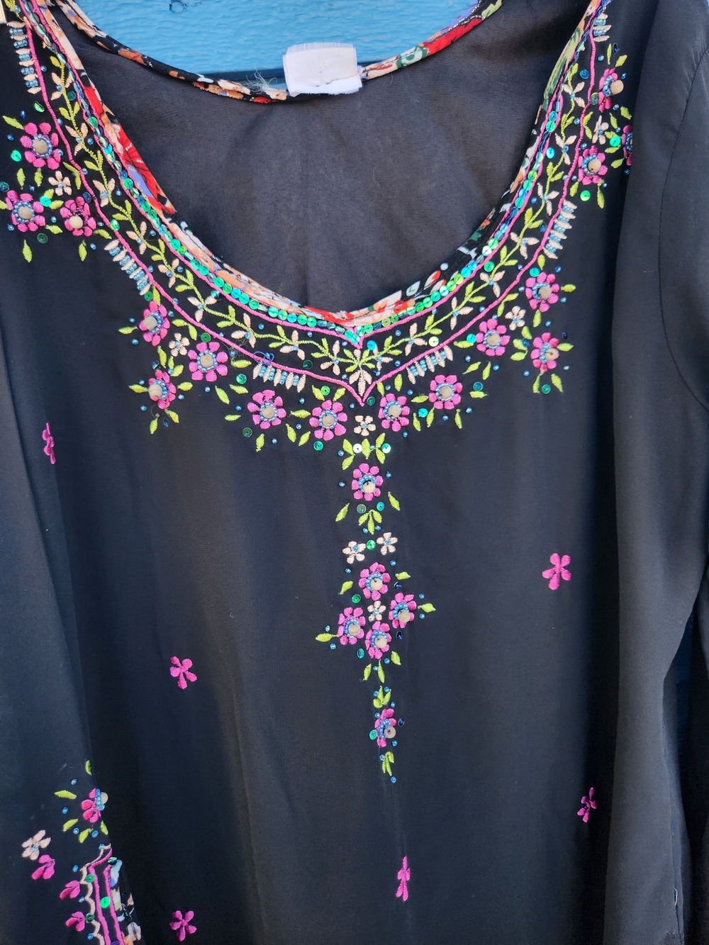 Black Embroidered Tunic Dress with Pink Floral Accents - Picture 2 of 8